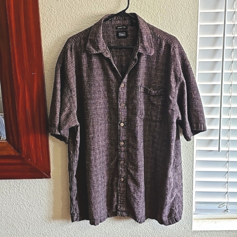 Haggar Mens Big & Tall 2XLT Linen Blend Retro Short Sleeve Button Shirt Brown